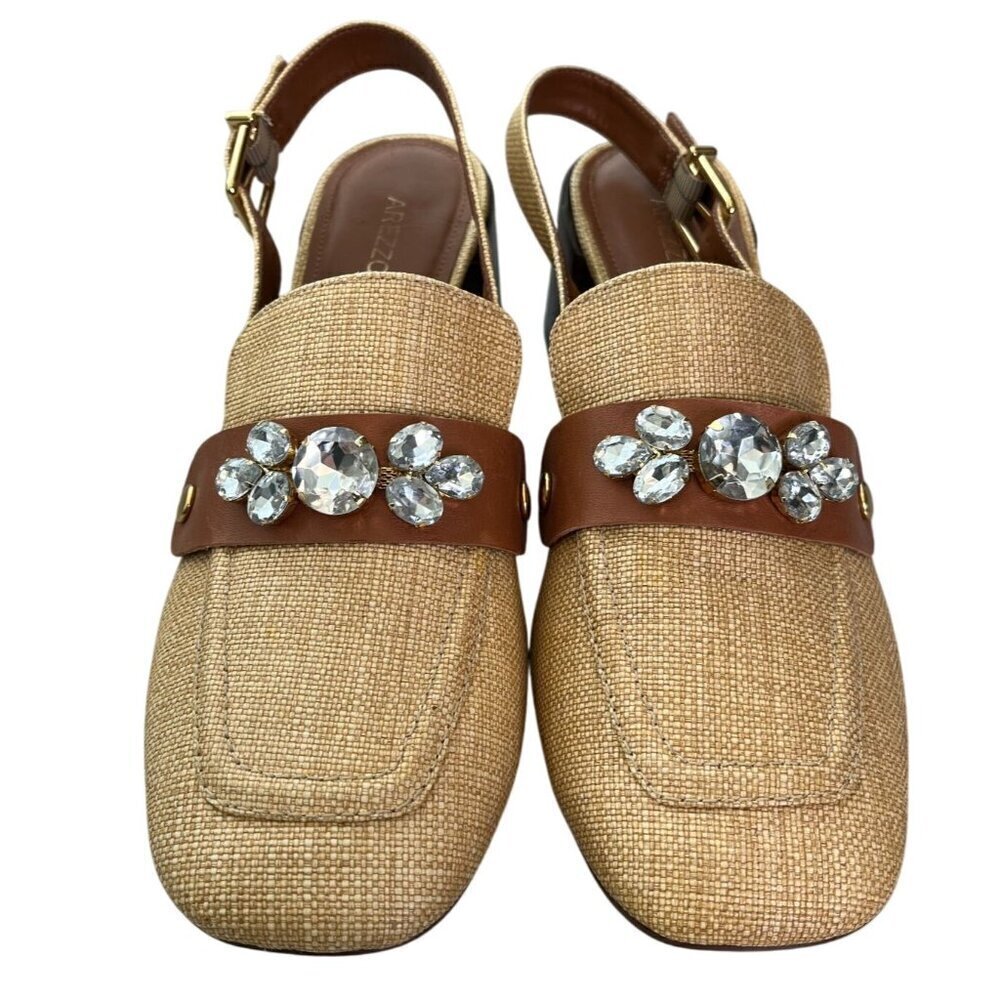 Arezzo Emory Crystal Slingback Pumps Tan Raffia Brown Leather Heels Size 11 - Picture 5 of 12